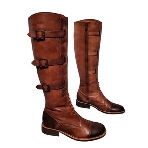Vince Camuto Rustic Brown Leather Zip Knee-High Moto Riding Boots Women's 6B